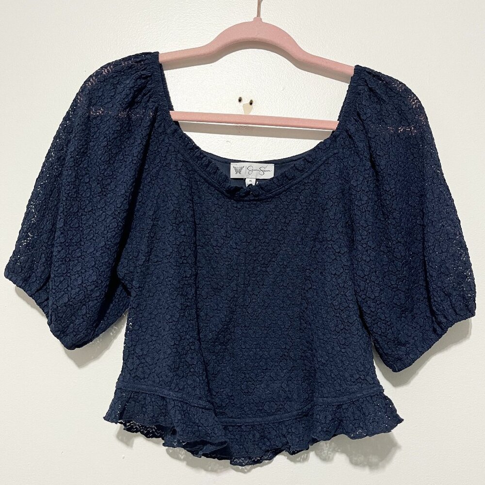 Womens Lace Milkmaid Top M Navy Blue Dark Cottagecore Boho Romantic Puff Sleeve